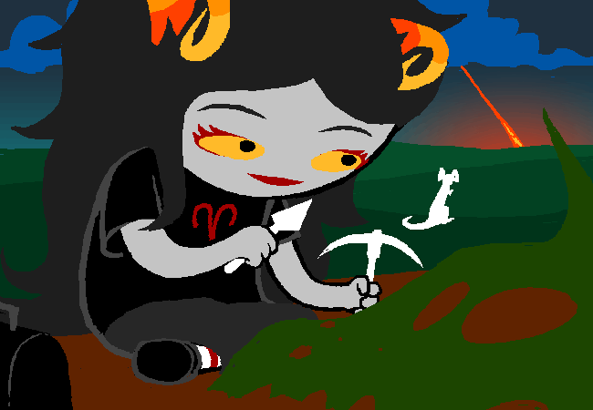 Page 3576 of Homestuck. Aradia is smiling as they unearth a fossil, and their attention is seemingly caught by a nearby meteor landing.