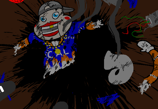 Page 3582 of Homestuck. Lil’ Cal is on the ground, torn and destroyed into pieces. Smoke flows from him.