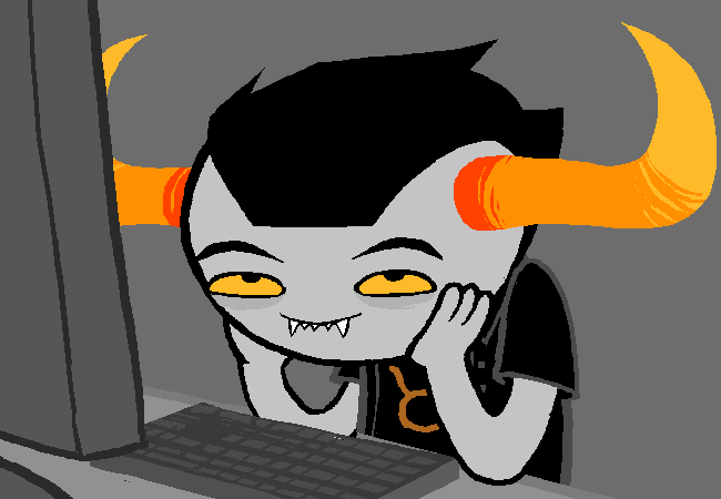 Page 1937 of Homestuck. Tavros is at a desk, resting her face in her hands, and smiling.