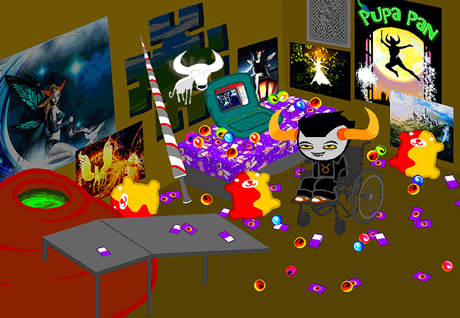 Page 2101 of Homestuck, and Tavros’s introduction, where Tavros is sitting on her wheelchair, lounging around her very messy respiteblock.