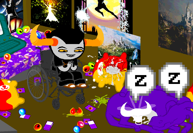 Page 2112 of Homestuck. Tavros is in her room, clapping in joy at the shared Fiduspawn victory as her lusus, Tinkerbull, and Horsaroni sleep.