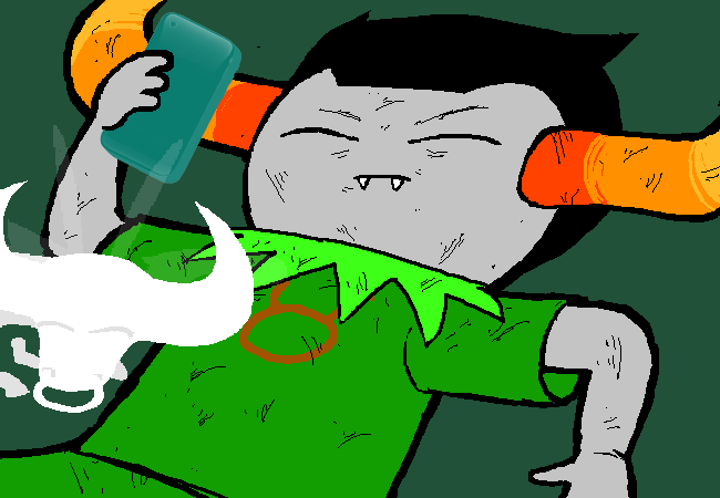 Page 2177 of Homestuck. Tavros, in her Boy Skylark outfit sans hat, is laying down on the ground, scratched up. She has a bothered expression on her face as she texts on a teal palmhusk. Tinkerbull lays down on her, seemingly sleeping.